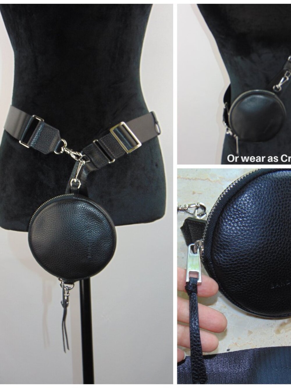 NWOT Bandolier Crossbody Bag Black Pebbled Leather Mini Round 3 Way Fanny